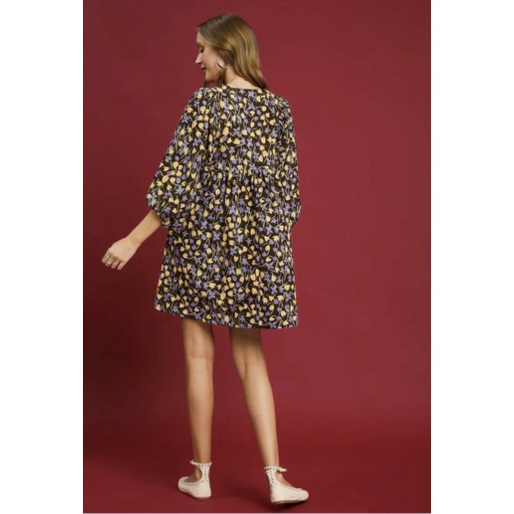 Umgee Corduroy Floral Print Babydoll Mini Dress in Brown M - Picture 3 of 12